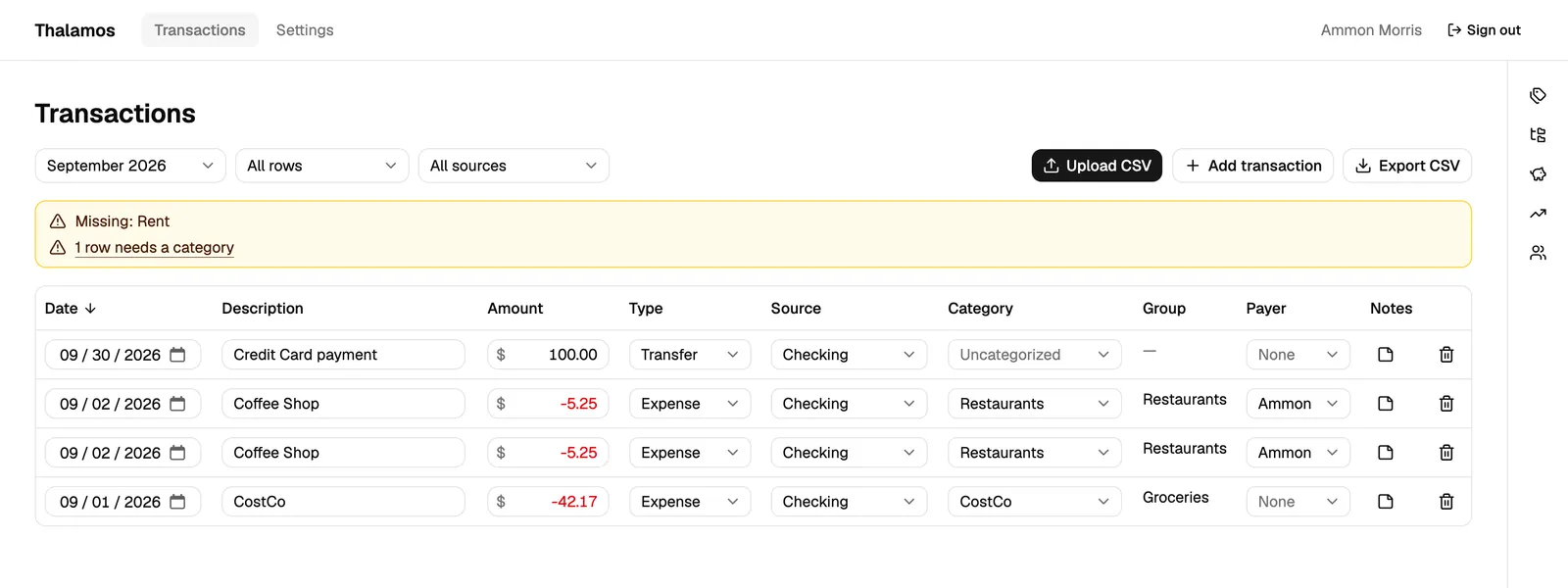 Thalamos transactions screen with a month filter, a warning that rent is missing, and a table of categorized transactions